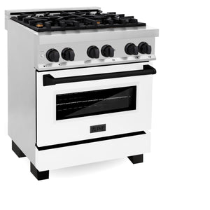 ZLINE Autograph Edition 30" 4.0 cu ft Dual Fuel Range with Gas Stove and Electric Oven in Stainless Steel with White Matte Door and Matte Black Accents (RAZ-WM-30-MB)