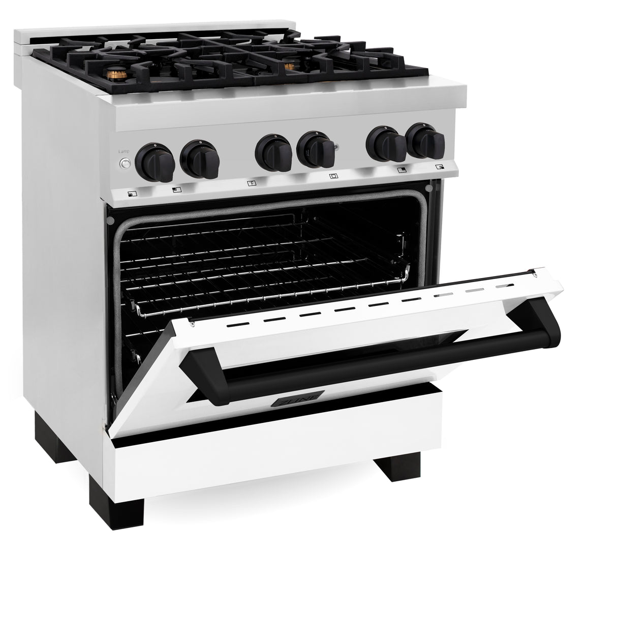 ZLINE Autograph Edition 30" 4.0 cu ft Dual Fuel Range with Gas Stove and Electric Oven in Stainless Steel with White Matte Door and Matte Black Accents (RAZ-WM-30-MB)