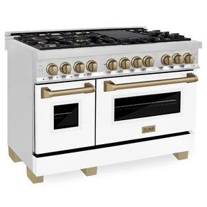 ZLINE Autograph Edition 48" 6.0 cu ft Dual Fuel Range with Gas Stove and Electric Oven in Stainless Steel with White Matte Door and Champagne Bronze Accents (RAZ-WM-48-CB)