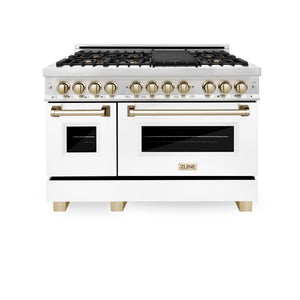 ZLINE Autograph Edition 48" 6.0 cu ft Dual Fuel Range with Gas Stove and Electric Oven in Stainless Steel with White Matte Door and Gold Accents (RAZ-WM-48-G)