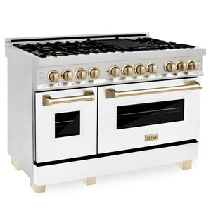 ZLINE Autograph Edition 48" 6.0 cu ft Dual Fuel Range with Gas Stove and Electric Oven in Stainless Steel with White Matte Door and Gold Accents (RAZ-WM-48-G)