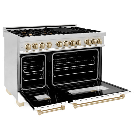 ZLINE Autograph Edition 48" 6.0 cu ft Dual Fuel Range with Gas Stove and Electric Oven in Stainless Steel with White Matte Door and Gold Accents (RAZ-WM-48-G)