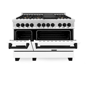 ZLINE Autograph Edition 48" 6.0 cu ft Dual Fuel Range with Gas Stove and Electric Oven in Stainless Steel with White Matte Door and Matte Black Accents (RAZ-WM-48-MB)