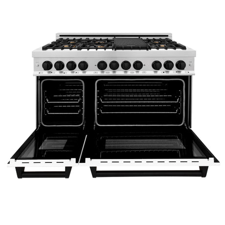 ZLINE Autograph Edition 48" 6.0 cu ft Dual Fuel Range with Gas Stove and Electric Oven in Stainless Steel with White Matte Door and Matte Black Accents (RAZ-WM-48-MB)