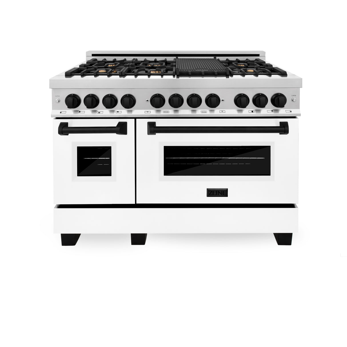 ZLINE Autograph Edition 48" 6.0 cu ft Dual Fuel Range with Gas Stove and Electric Oven in Stainless Steel with White Matte Door and Matte Black Accents (RAZ-WM-48-MB)