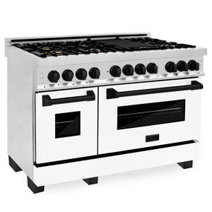 ZLINE Autograph Edition 48" 6.0 cu ft Dual Fuel Range with Gas Stove and Electric Oven in Stainless Steel with White Matte Door and Matte Black Accents (RAZ-WM-48-MB)