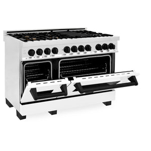 ZLINE Autograph Edition 48" 6.0 cu ft Dual Fuel Range with Gas Stove and Electric Oven in Stainless Steel with White Matte Door and Matte Black Accents (RAZ-WM-48-MB)