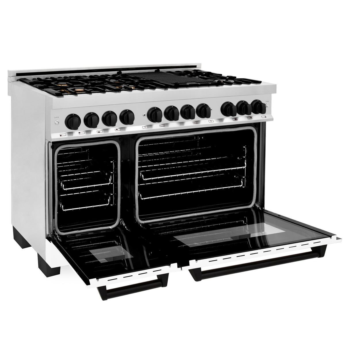 ZLINE Autograph Edition 48" 6.0 cu ft Dual Fuel Range with Gas Stove and Electric Oven in Stainless Steel with White Matte Door and Matte Black Accents (RAZ-WM-48-MB)