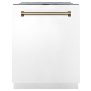 ZLINE Autograph Edition 24" 3rd Rack Top Touch Control Tall Tub Dishwasher in White Matte with Champagne Bronze Handle, 45dBa (DWMTZ-WM-24-CB)