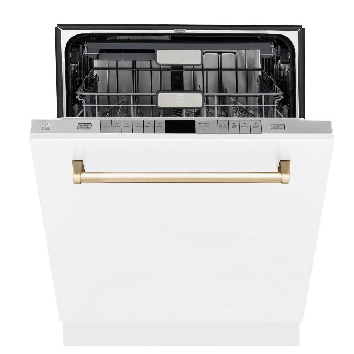 ZLINE Autograph Edition 24" 3rd Rack Top Touch Control Tall Tub Dishwasher in White Matte with Gold Handle, 45dBa (DWMTZ-WM-24-G)