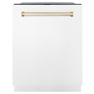 ZLINE Autograph Edition 24" 3rd Rack Top Touch Control Tall Tub Dishwasher in White Matte with Gold Handle, 45dBa (DWMTZ-WM-24-G)