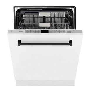 ZLINE Autograph Edition 24" 3rd Rack Top Control Built-In Tall Tub Dishwasher in White Matte with Matte Black Handle, 45dBa (DWMTZ-WM-24-MB)