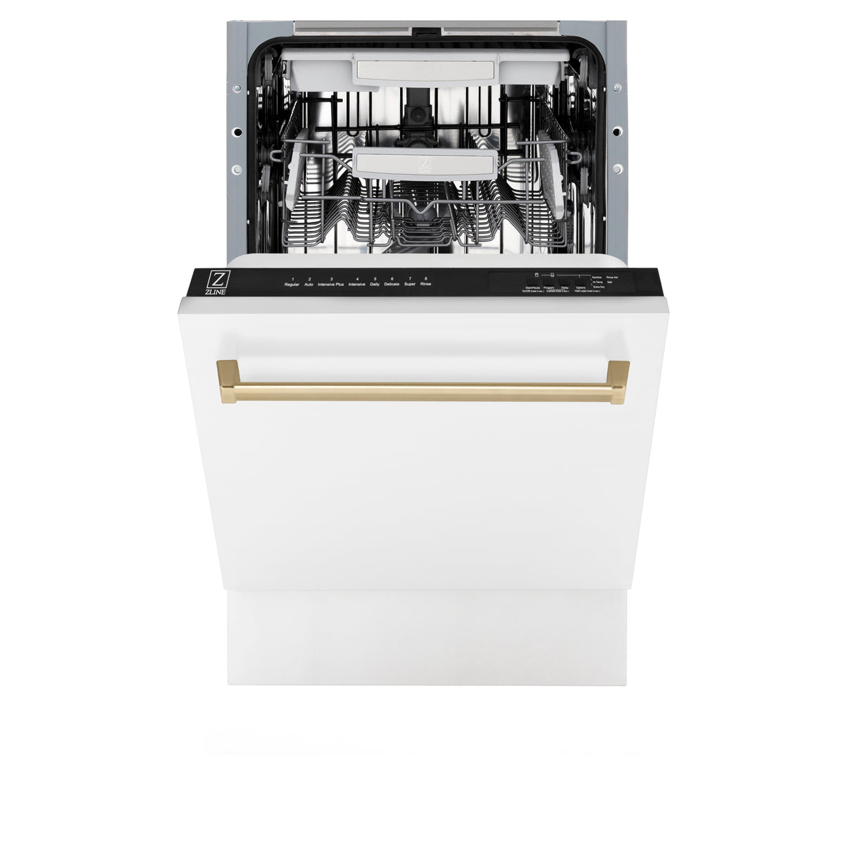 ZLINE Autograph Edition 18" Compact 3rd Rack Top Control Built-In Dishwasher in White Matte with Champagne Bronze Handle, 51dBa (DWVZ-WM-18-CB)