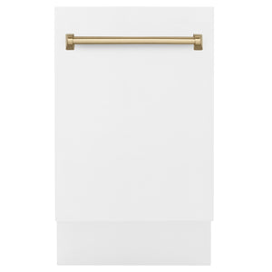 ZLINE Autograph Edition 18" Compact 3rd Rack Top Control Built-In Dishwasher in White Matte with Champagne Bronze Handle, 51dBa (DWVZ-WM-18-CB)