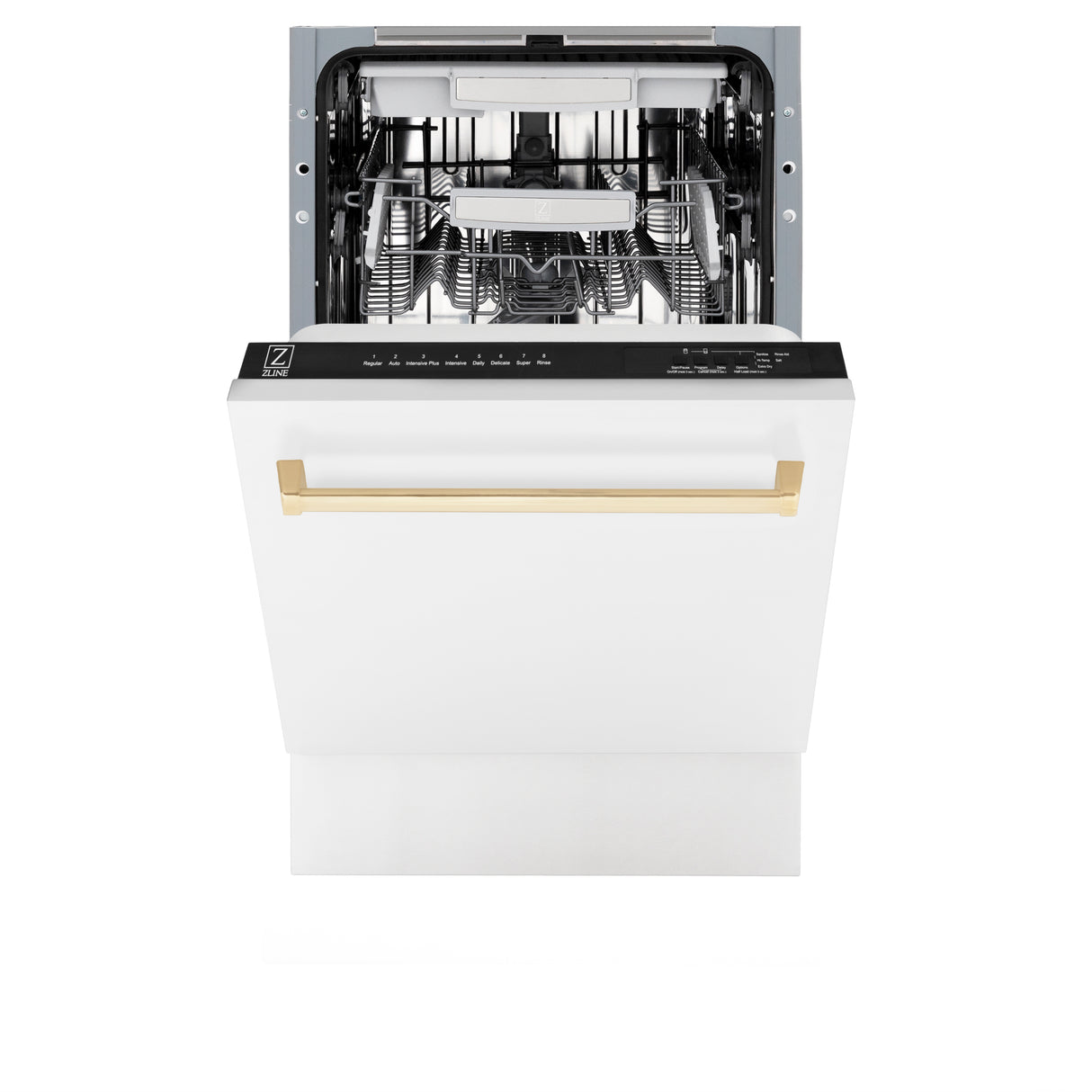 ZLINE Autograph Edition 18" Compact 3rd Rack Top Control Built-In Dishwasher in White Matte with Gold Handle, 51dBa (DWVZ-WM-18-G)