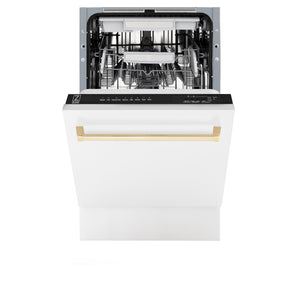 ZLINE Autograph Edition 18" Compact 3rd Rack Top Control Built-In Dishwasher in White Matte with Gold Handle, 51dBa (DWVZ-WM-18-G)