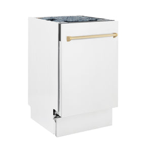 ZLINE Autograph Edition 18" Compact 3rd Rack Top Control Built-In Dishwasher in White Matte with Gold Handle, 51dBa (DWVZ-WM-18-G)