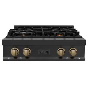 ZLINE Autograph Edition 30" Porcelain Rangetop with 4 Gas Burners in Black Stainless Steel and Champagne Bronze Accents (RTBZ-30-CB)