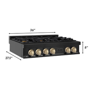 ZLINE Autograph Edition 36" Porcelain Rangetop with 6 Gas Burners in Black Stainless Steel and Gold Accents (RTBZ-36-G)