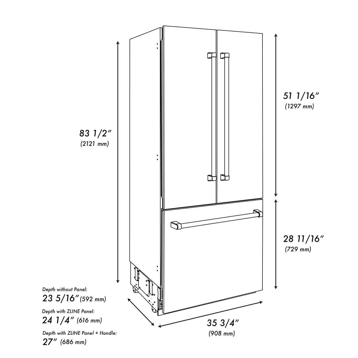 ZLINE 36" 19.6 cu ft Built-In 3-Door French Door Refrigerator with Internal Water and Ice Dispenser in Fingerprint Resistant Stainless Steel (RBIV-SN-36)