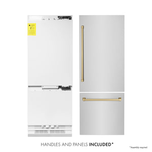 ZLINE 30" Autograph Edition 16.1 cu ft Built-in 2-Door Bottom Freezer Refrigerator with Internal Water and Ice Dispenser in Stainless Steel with Champagne Bronze Accents (RBIVZ-304-30-CB)