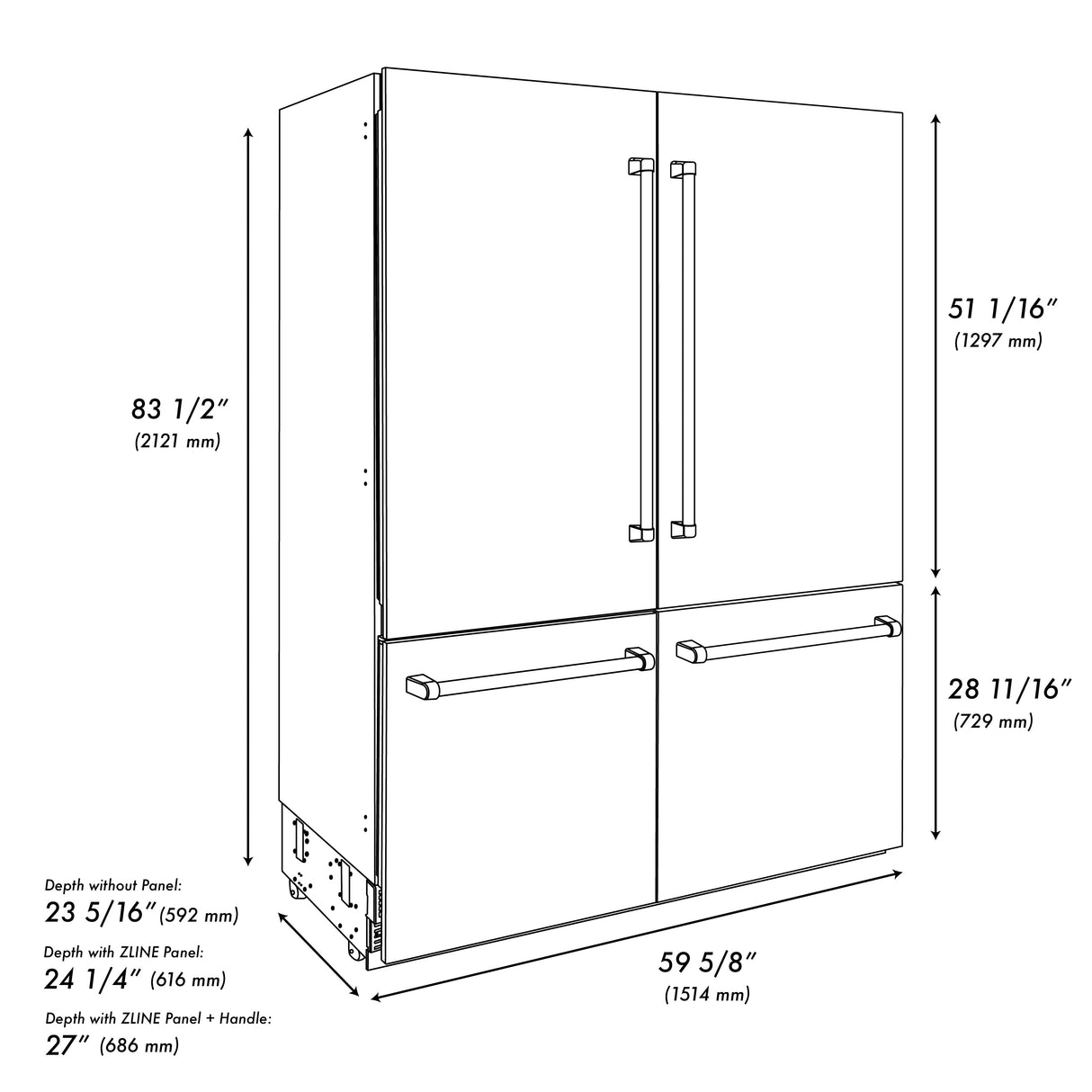 ZLINE 60" 32.2 cu ft Built-In 4-Door French Door Refrigerator with Internal Water and Ice Dispenser in Stainless Steel (RBIV-304-60)