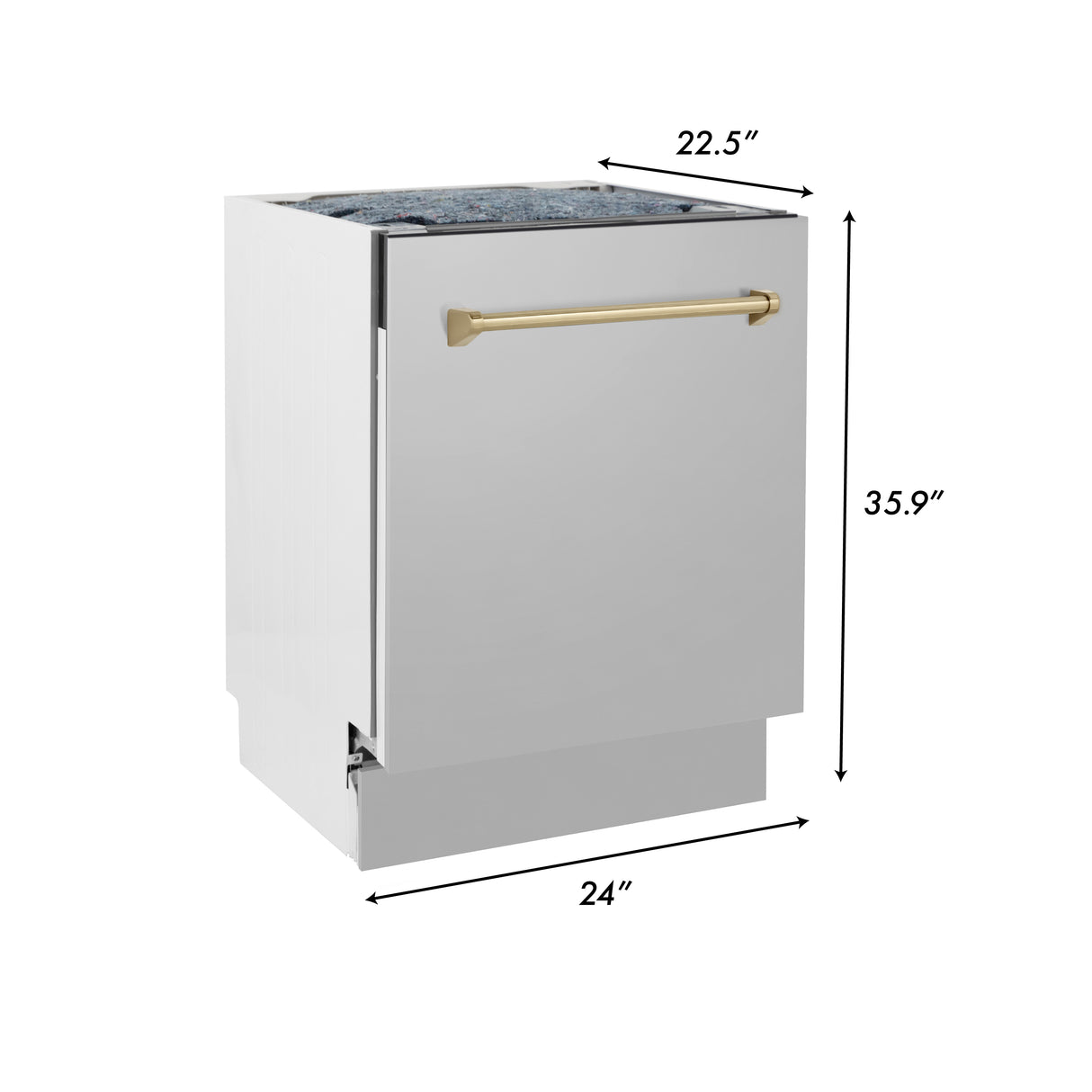 ZLINE Autograph Edition 24" 3rd Rack Top Control Built-In Tall Tub Dishwasher in Stainless Steel with Champagne Bronze Handle, 51dBa (DWVZ-304-24-CB)