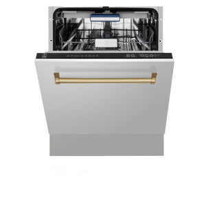 ZLINE Autograph Edition 24" 3rd Rack Top Control Built-In Tall Tub Dishwasher in Stainless Steel with Champagne Bronze Handle, 51dBa (DWVZ-304-24-CB)