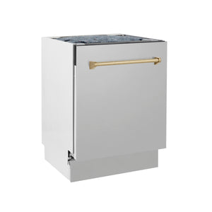 ZLINE Autograph Edition 24" 3rd Rack Top Control Built-In Tall Tub Dishwasher in Stainless Steel with Champagne Bronze Handle, 51dBa (DWVZ-304-24-CB)