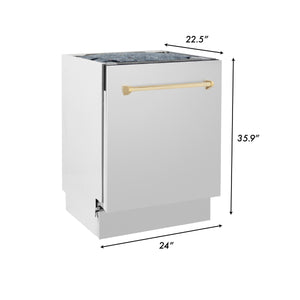 ZLINE Autograph Edition 24" 3rd Rack Top Control Built-In Tall Tub Dishwasher in Stainless Steel with Gold Handle, 51dBa (DWVZ-304-24-G)