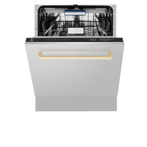 ZLINE Autograph Edition 24" 3rd Rack Top Control Built-In Tall Tub Dishwasher in Stainless Steel with Gold Handle, 51dBa (DWVZ-304-24-G)