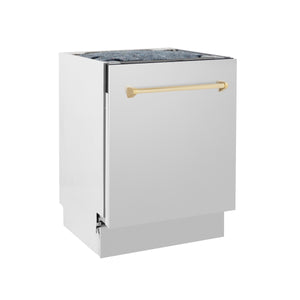 ZLINE Autograph Edition 24" 3rd Rack Top Control Built-In Tall Tub Dishwasher in Stainless Steel with Gold Handle, 51dBa (DWVZ-304-24-G)