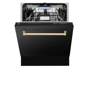 ZLINE Autograph Edition 24" 3rd Rack Top Control Built-In Tall Tub Dishwasher in Black Stainless Steel with Champagne Bronze Handle, 51dBa (DWVZ-BS-24-CB)