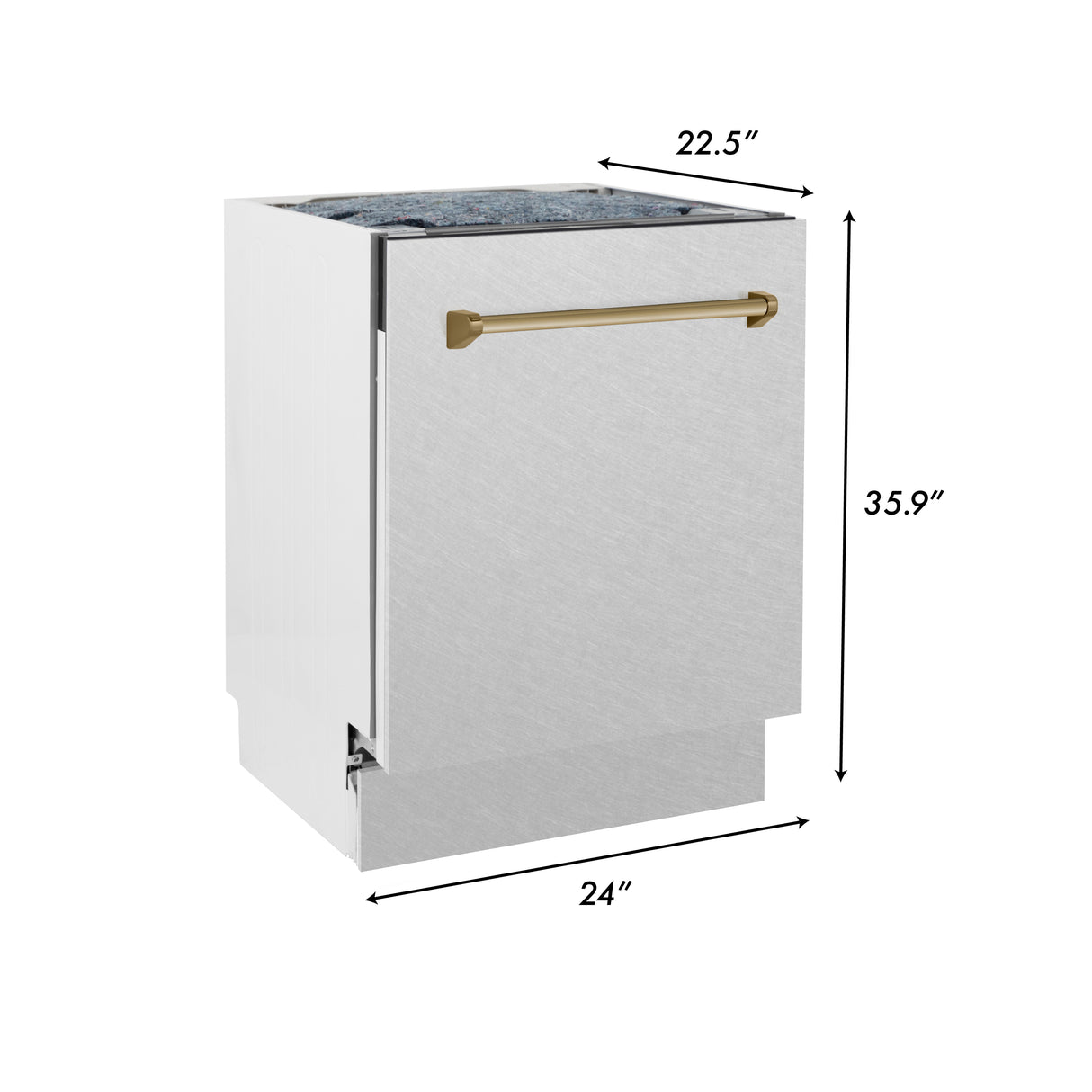 ZLINE Autograph Edition 24" 3rd Rack Top Control Built-In Tall Tub Dishwasher in Fingerprint Resistant Stainless Steel with Champagne Bronze Handle, 51dBa (DWVZ-SN-24-CB)