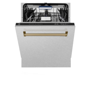 ZLINE Autograph Edition 24" 3rd Rack Top Control Built-In Tall Tub Dishwasher in Fingerprint Resistant Stainless Steel with Champagne Bronze Handle, 51dBa (DWVZ-SN-24-CB)