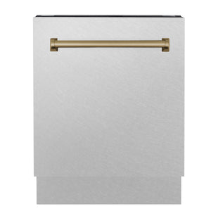 ZLINE Autograph Edition 24" 3rd Rack Top Control Built-In Tall Tub Dishwasher in Fingerprint Resistant Stainless Steel with Champagne Bronze Handle, 51dBa (DWVZ-SN-24-CB)