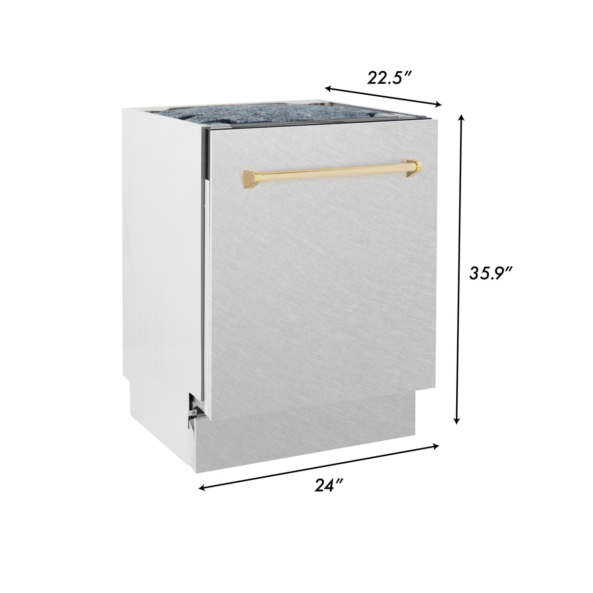 ZLINE Autograph Edition 24" 3rd Rack Top Control Built-In Tall Tub Dishwasher in Fingerprint Resistant Stainless Steel with Gold Handle, 51dBa (DWVZ-SN-24-G)