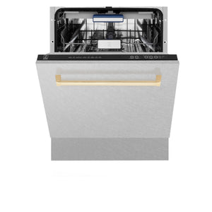 ZLINE Autograph Edition 24" 3rd Rack Top Control Built-In Tall Tub Dishwasher in Fingerprint Resistant Stainless Steel with Gold Handle, 51dBa (DWVZ-SN-24-G)