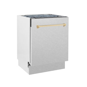 ZLINE Autograph Edition 24" 3rd Rack Top Control Built-In Tall Tub Dishwasher in Fingerprint Resistant Stainless Steel with Gold Handle, 51dBa (DWVZ-SN-24-G)