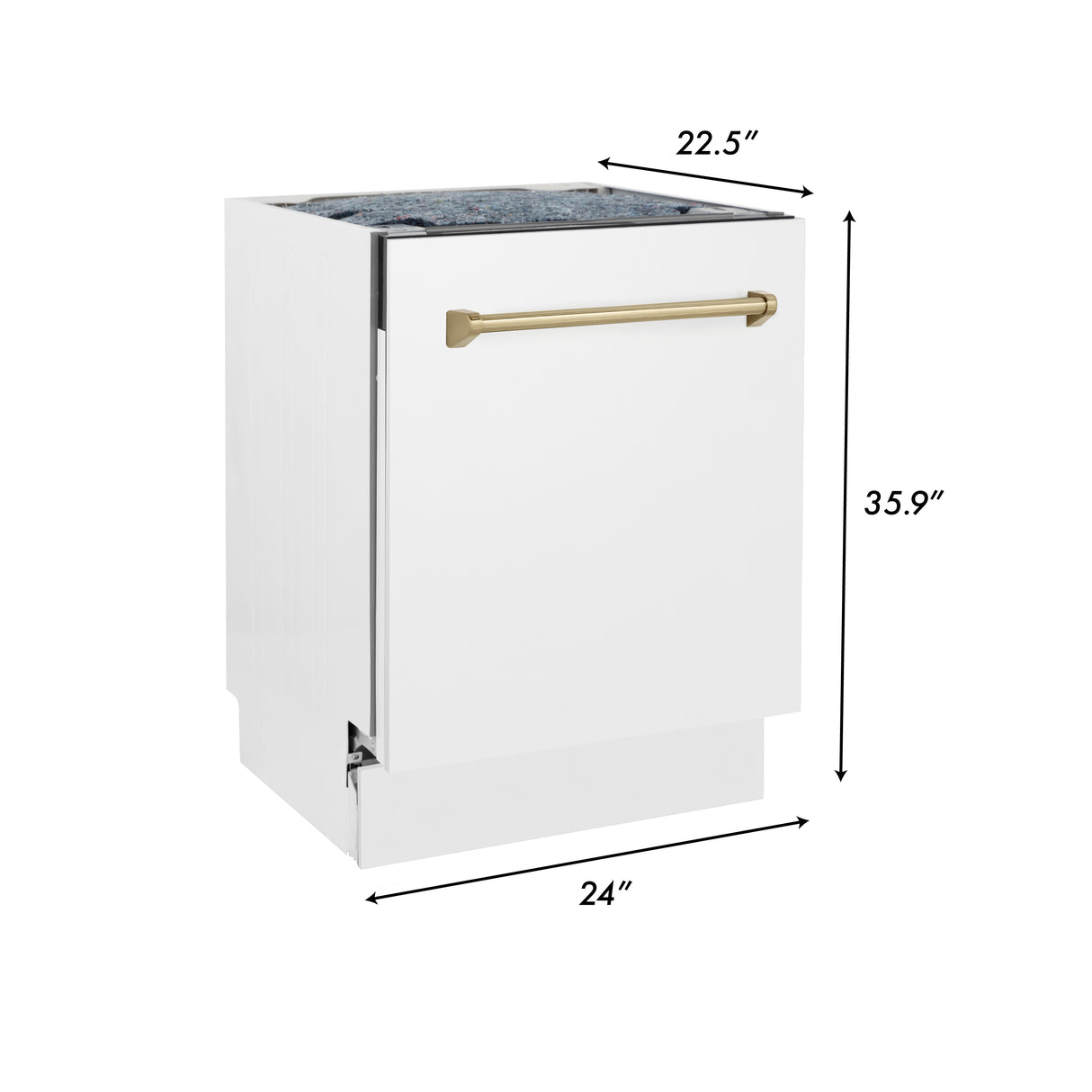 ZLINE Autograph Edition 24" 3rd Rack Top Control Built-In Tall Tub Dishwasher in White Matte with Champagne Bronze Handle, 51dBa (DWVZ-WM-24-CB)