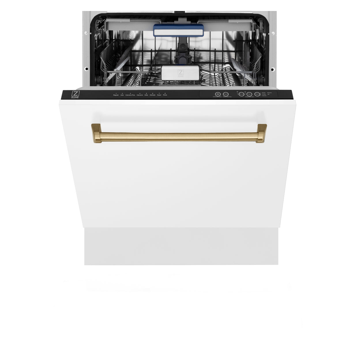 ZLINE Autograph Edition 24" 3rd Rack Top Control Built-In Tall Tub Dishwasher in White Matte with Champagne Bronze Handle, 51dBa (DWVZ-WM-24-CB)