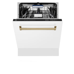 ZLINE Autograph Edition 24" 3rd Rack Top Control Built-In Tall Tub Dishwasher in White Matte with Champagne Bronze Handle, 51dBa (DWVZ-WM-24-CB)