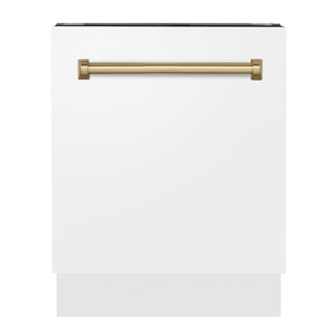 ZLINE Autograph Edition 24" 3rd Rack Top Control Built-In Tall Tub Dishwasher in White Matte with Champagne Bronze Handle, 51dBa (DWVZ-WM-24-CB)