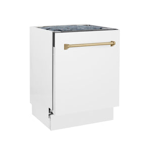 ZLINE Autograph Edition 24" 3rd Rack Top Control Built-In Tall Tub Dishwasher in White Matte with Champagne Bronze Handle, 51dBa (DWVZ-WM-24-CB)