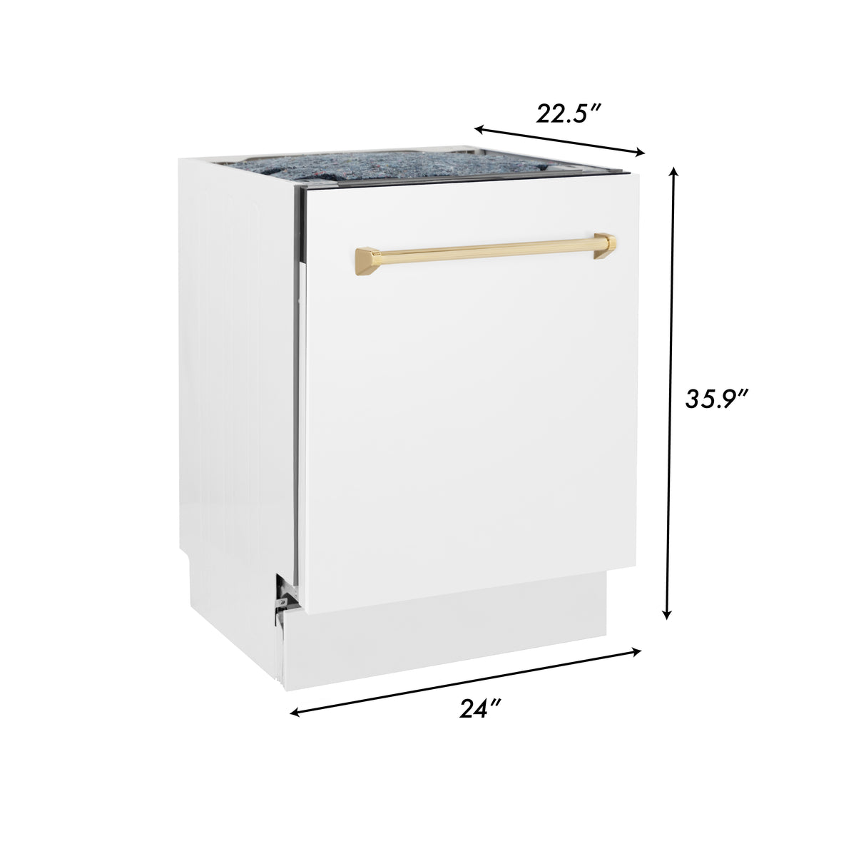 ZLINE Autograph Edition 24" 3rd Rack Top Control Built-In Tall Tub Dishwasher in White Matte with Gold Handle, 51dBa (DWVZ-WM-24-G)