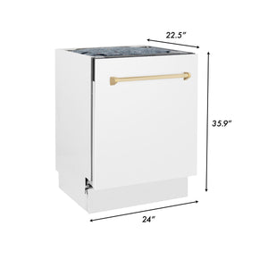 ZLINE Autograph Edition 24" 3rd Rack Top Control Built-In Tall Tub Dishwasher in White Matte with Gold Handle, 51dBa (DWVZ-WM-24-G)