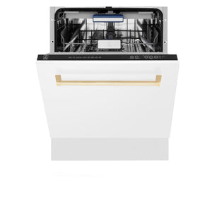 ZLINE Autograph Edition 24" 3rd Rack Top Control Built-In Tall Tub Dishwasher in White Matte with Gold Handle, 51dBa (DWVZ-WM-24-G)