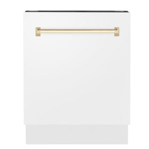 ZLINE Autograph Edition 24" 3rd Rack Top Control Built-In Tall Tub Dishwasher in White Matte with Gold Handle, 51dBa (DWVZ-WM-24-G)