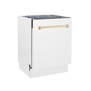 ZLINE Autograph Edition 24" 3rd Rack Top Control Built-In Tall Tub Dishwasher in White Matte with Gold Handle, 51dBa (DWVZ-WM-24-G)