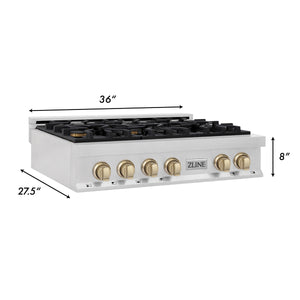 ZLINE Autograph Edition 36" Porcelain Rangetop with 6 Gas Burners in Fingerprint Resistant Stainless Steel and Gold Accents (RTSZ-36-G)